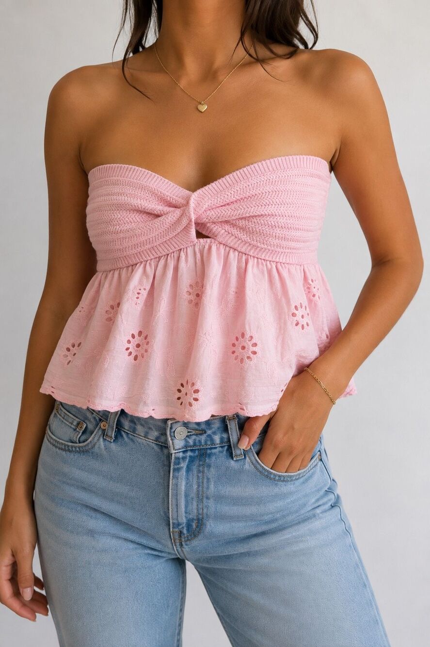 Pink Eyelet Strapless Babydoll Top Size L Coquette Y2K Cottagecore